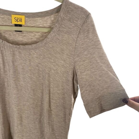 St. John Spa Women’s M Pleated Scoop Neck‎ Top Beige Gray Heather Neutral Soft - Picture 2 of 8
